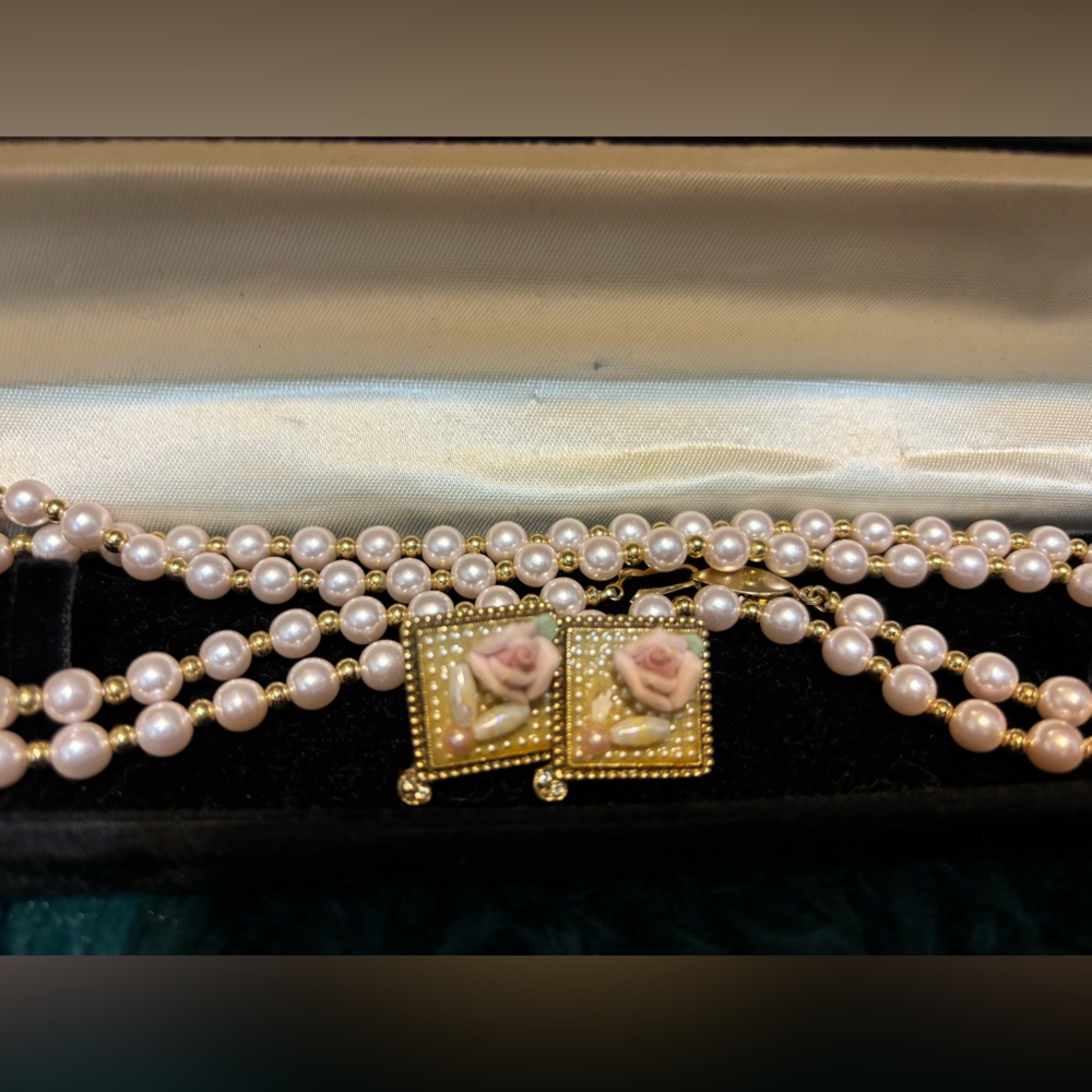 Costume Rose Earrings and Faux Pearl Pink Gold Bead Necklace